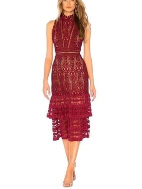ENDLESS ROSE sleeveless lace high neck midi dress burgundy wedding formal size M